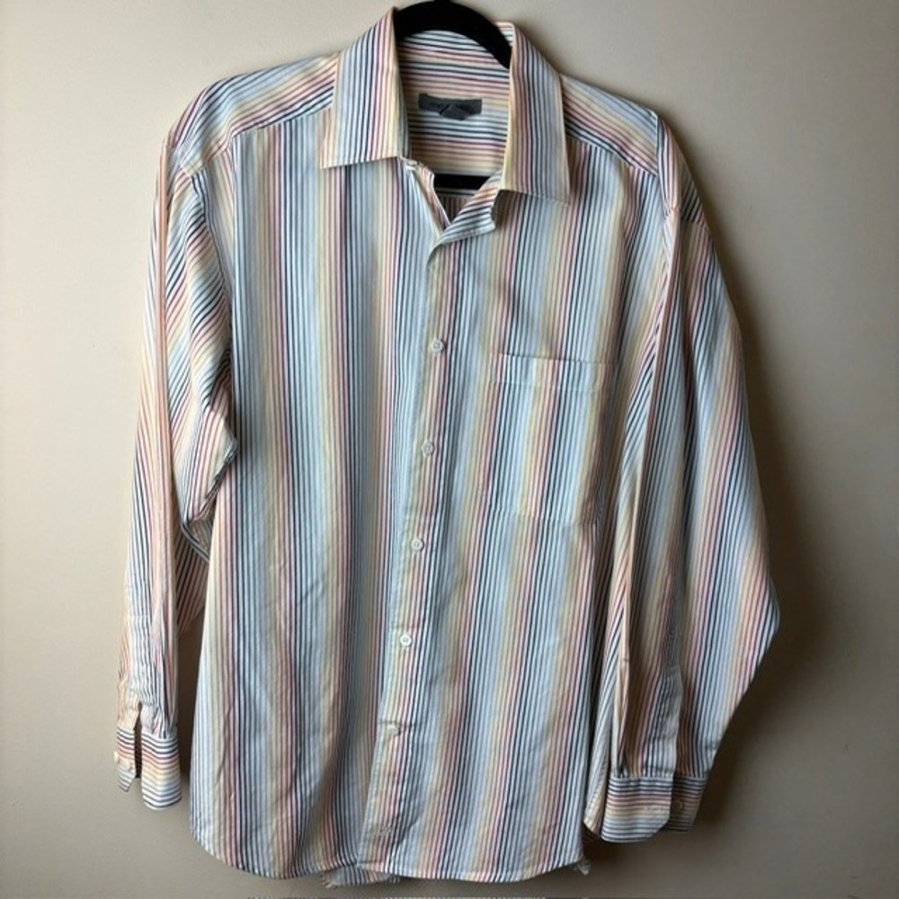 Mens M Johnston & Murphy Button Up Shirt Multicolor‎ Striped Cotton Long Sleeve